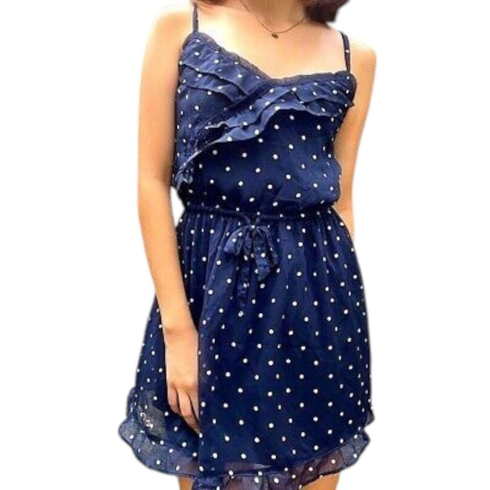 HOLLISTER Y2K Vintage Chiffon Polka Dot Dress‎ Navy Blue White Size M Lined Logo